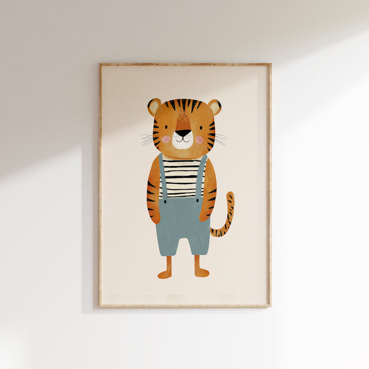Tiger in Overalls Print | Cute Safari Animal Nursery Wall Art