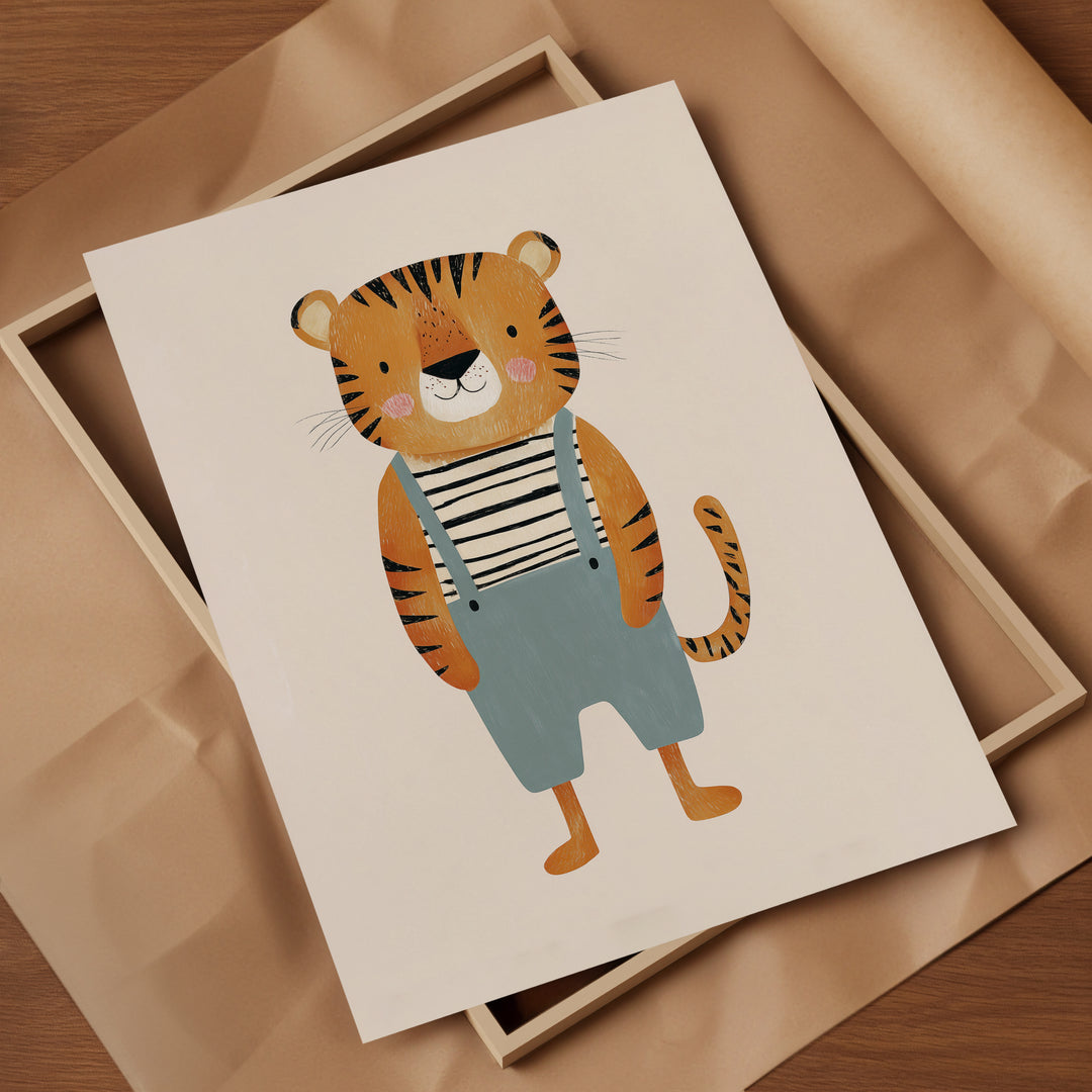 Tiger in Overalls Print | Cute Safari Animal Nursery Wall Art