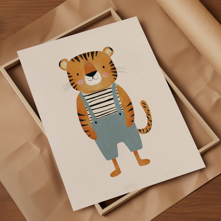 Tiger in Overalls Print | Cute Safari Animal Nursery Wall Art