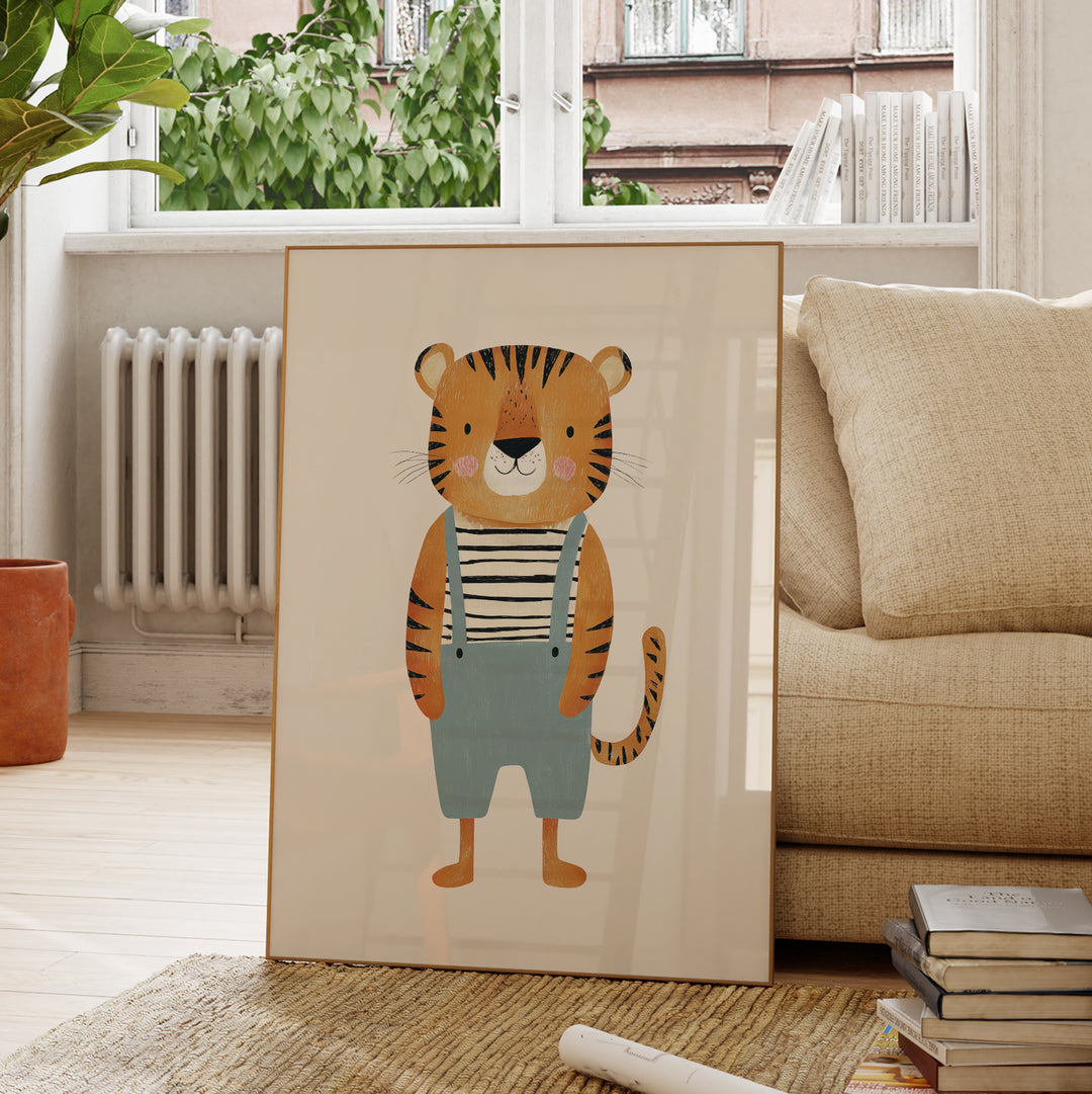 Tiger in Overalls Print | Cute Safari Animal Nursery Wall Art