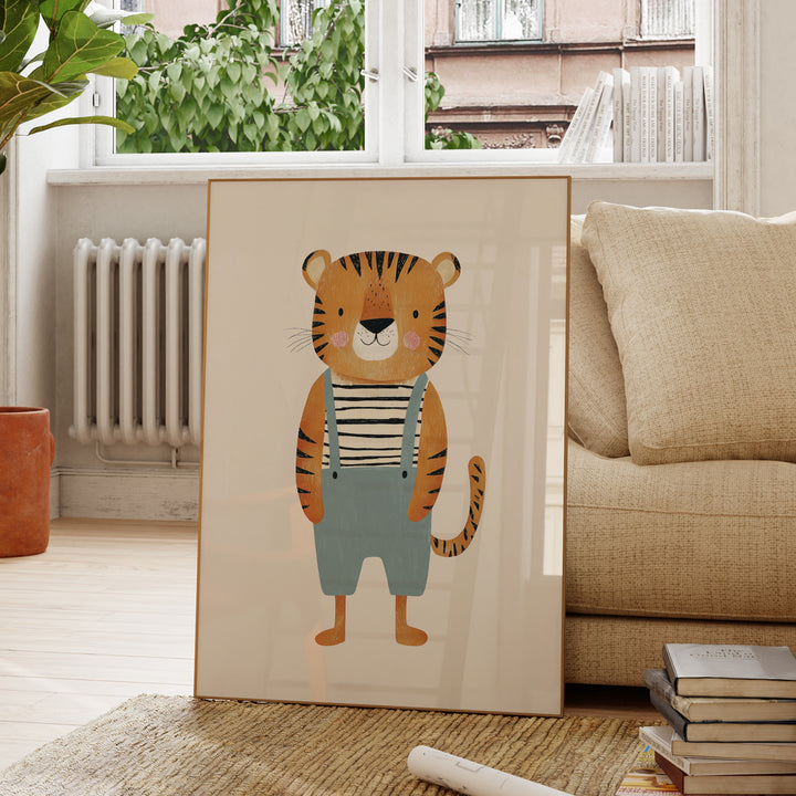 Tiger in Overalls Print | Cute Safari Animal Nursery Wall Art