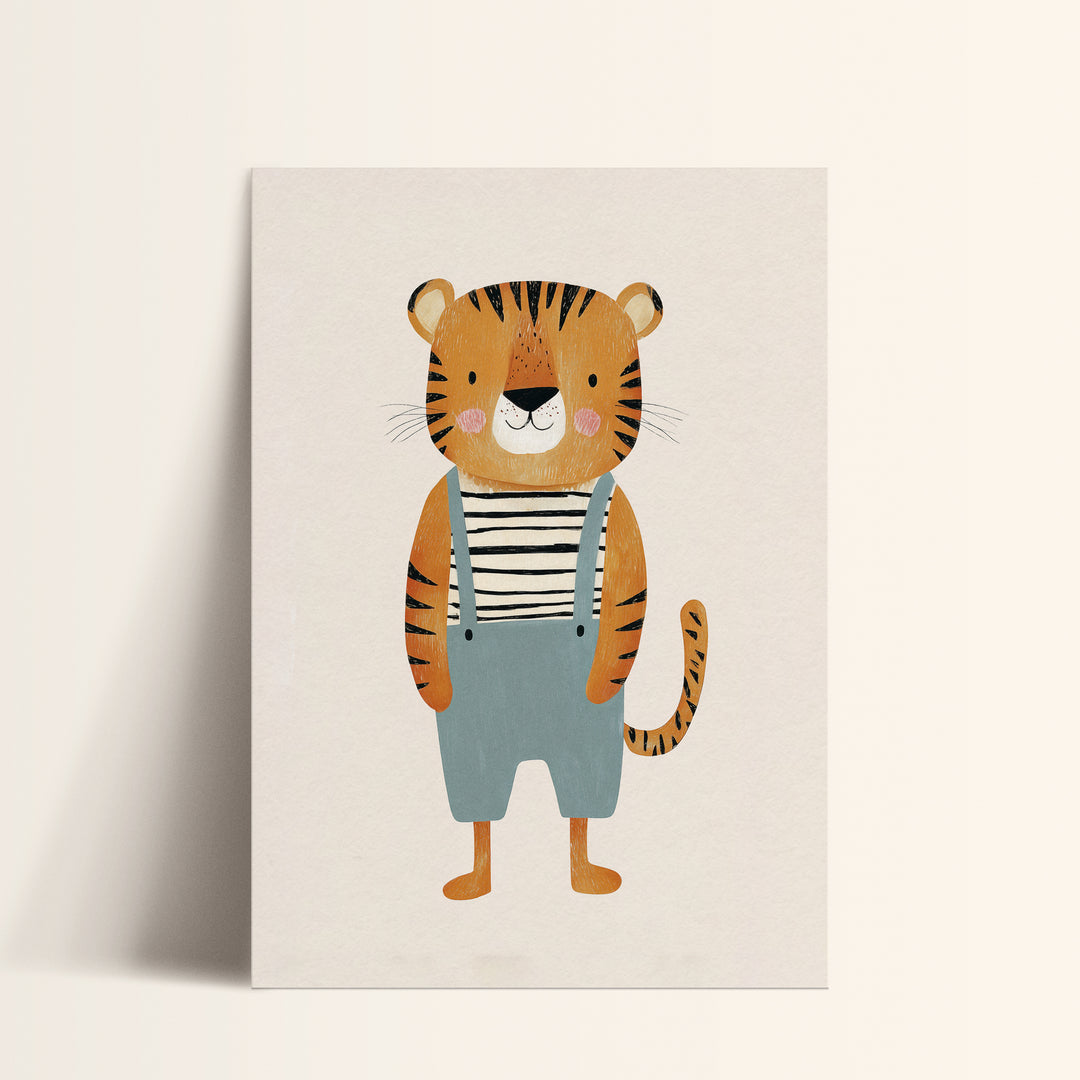 Tiger in Overalls Print | Cute Safari Animal Nursery Wall Art