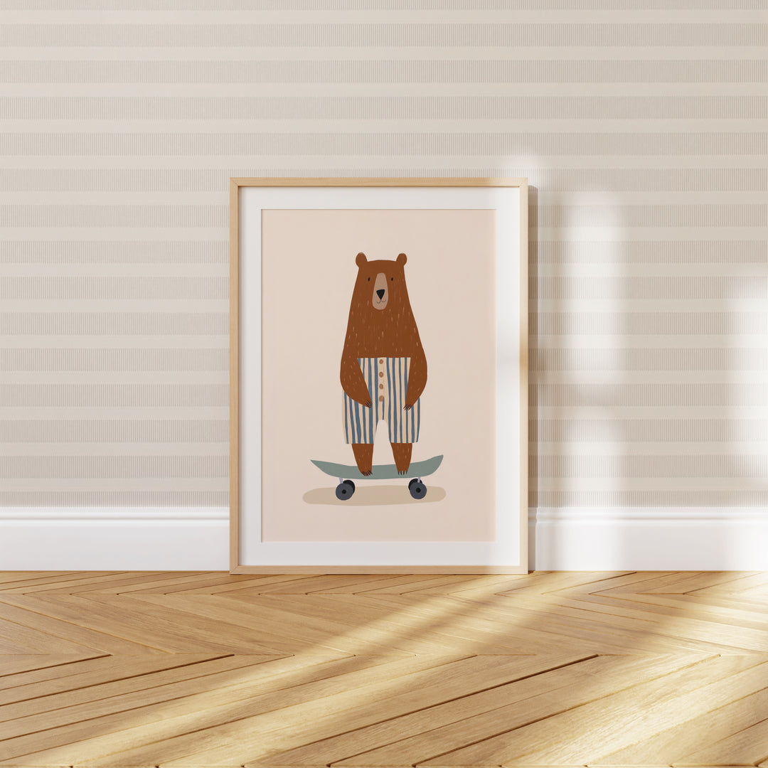 Skateboarding Bear in Stripes