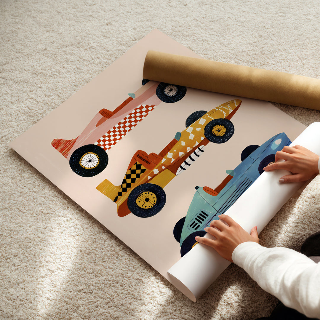 Vintage Race Cars Print | Retro Transportation Nursery Wall Art