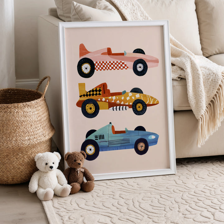Vintage Race Cars Print | Retro Transportation Nursery Wall Art