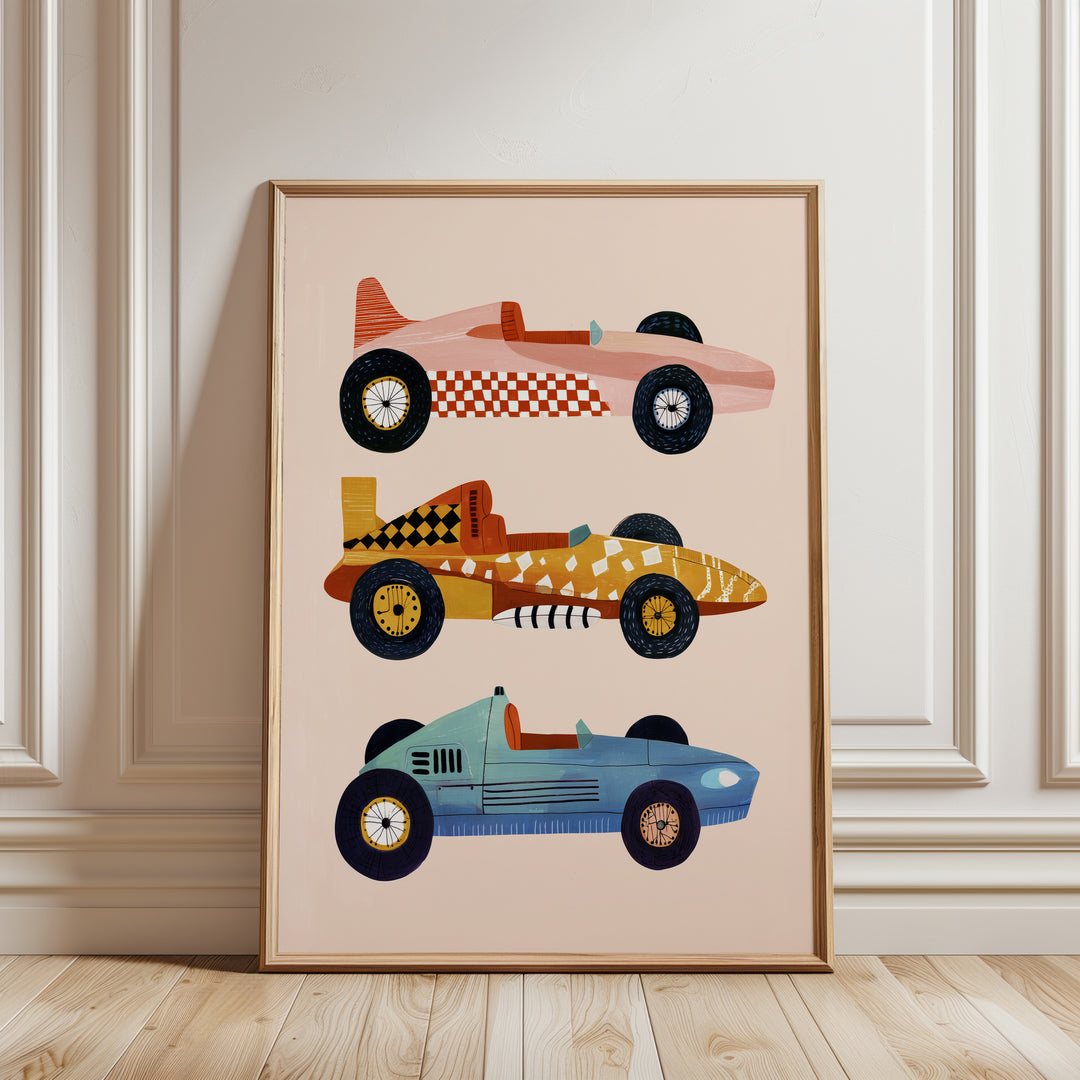 Vintage Race Cars Print | Retro Transportation Nursery Wall Art
