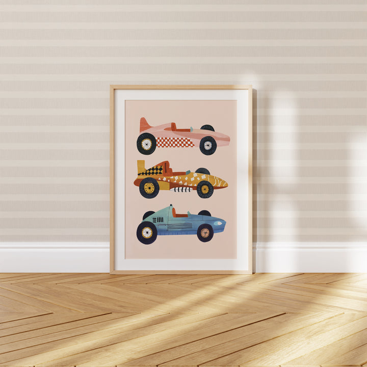 Vintage Race Cars Print | Retro Transportation Nursery Wall Art