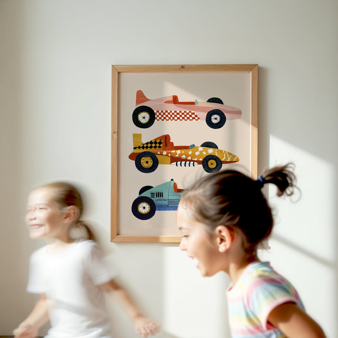 Vintage Race Cars Print | Retro Transportation Nursery Wall Art