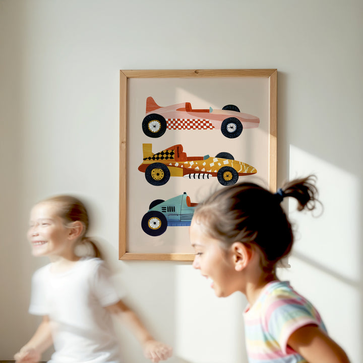 Vintage Race Cars Print | Retro Transportation Nursery Wall Art