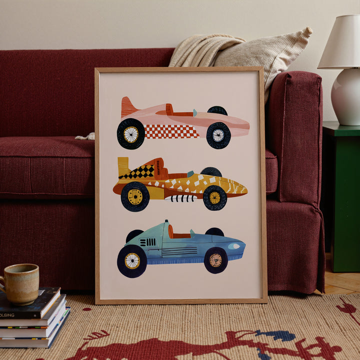 Vintage Race Cars Print | Retro Transportation Nursery Wall Art