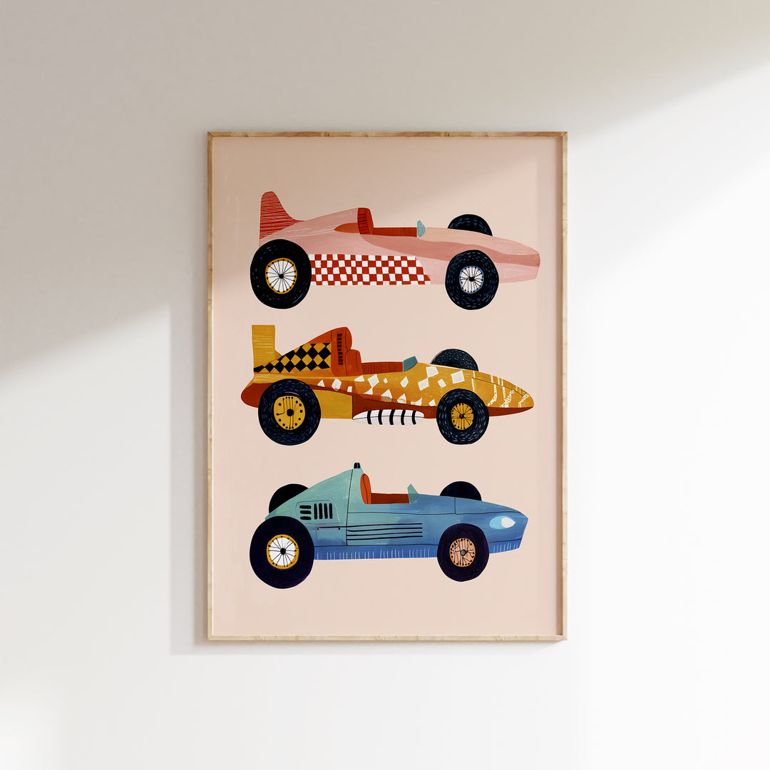 Vintage Race Cars Print | Retro Transportation Nursery Wall Art