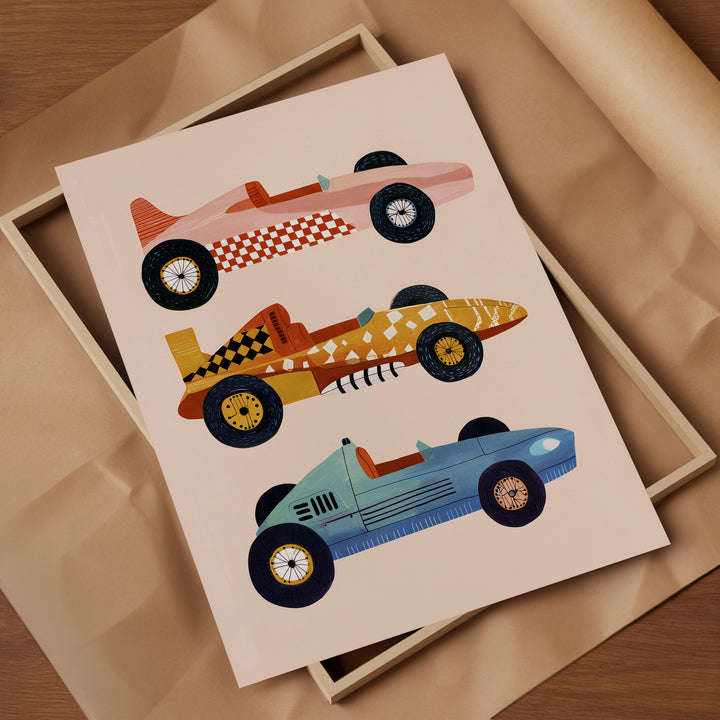 Vintage Race Cars Print | Retro Transportation Nursery Wall Art