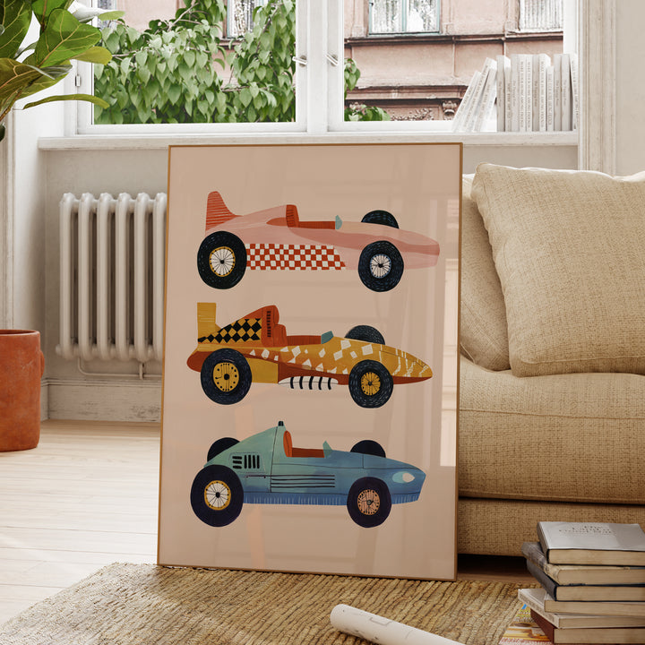 Vintage Race Cars Print | Retro Transportation Nursery Wall Art