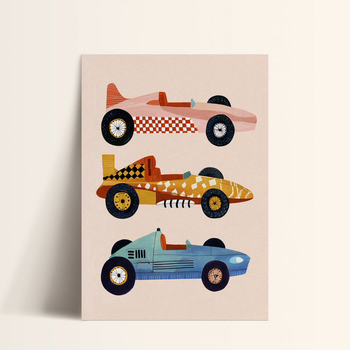 Vintage Race Cars Print | Retro Transportation Nursery Wall Art