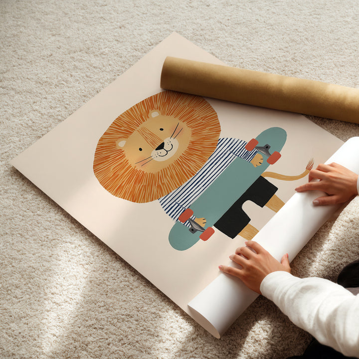 Lion on Skateboard Print | Cool Safari Animal Nursery Wall Art