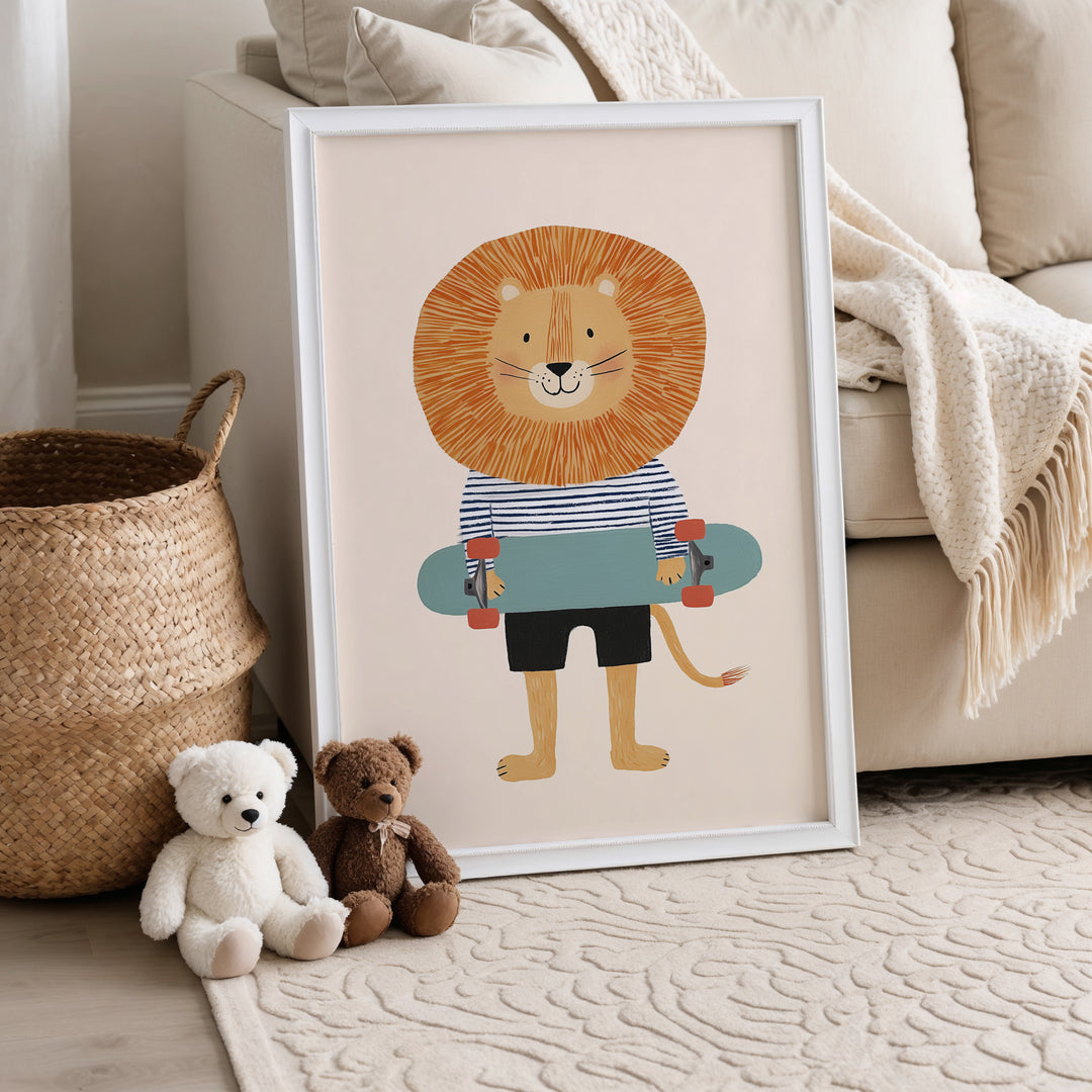 Lion on Skateboard Print | Cool Safari Animal Nursery Wall Art