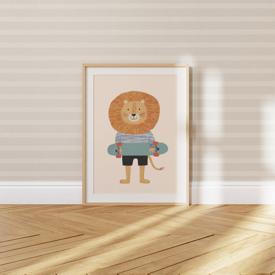 Lion on Skateboard Print | Cool Safari Animal Nursery Wall Art