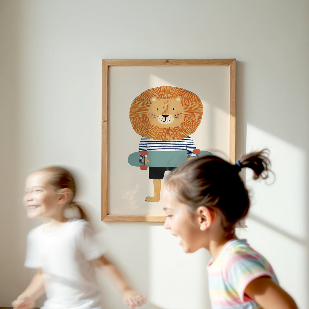 Lion on Skateboard Print | Cool Safari Animal Nursery Wall Art