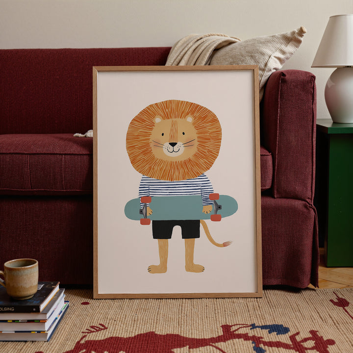 Lion on Skateboard Print | Cool Safari Animal Nursery Wall Art
