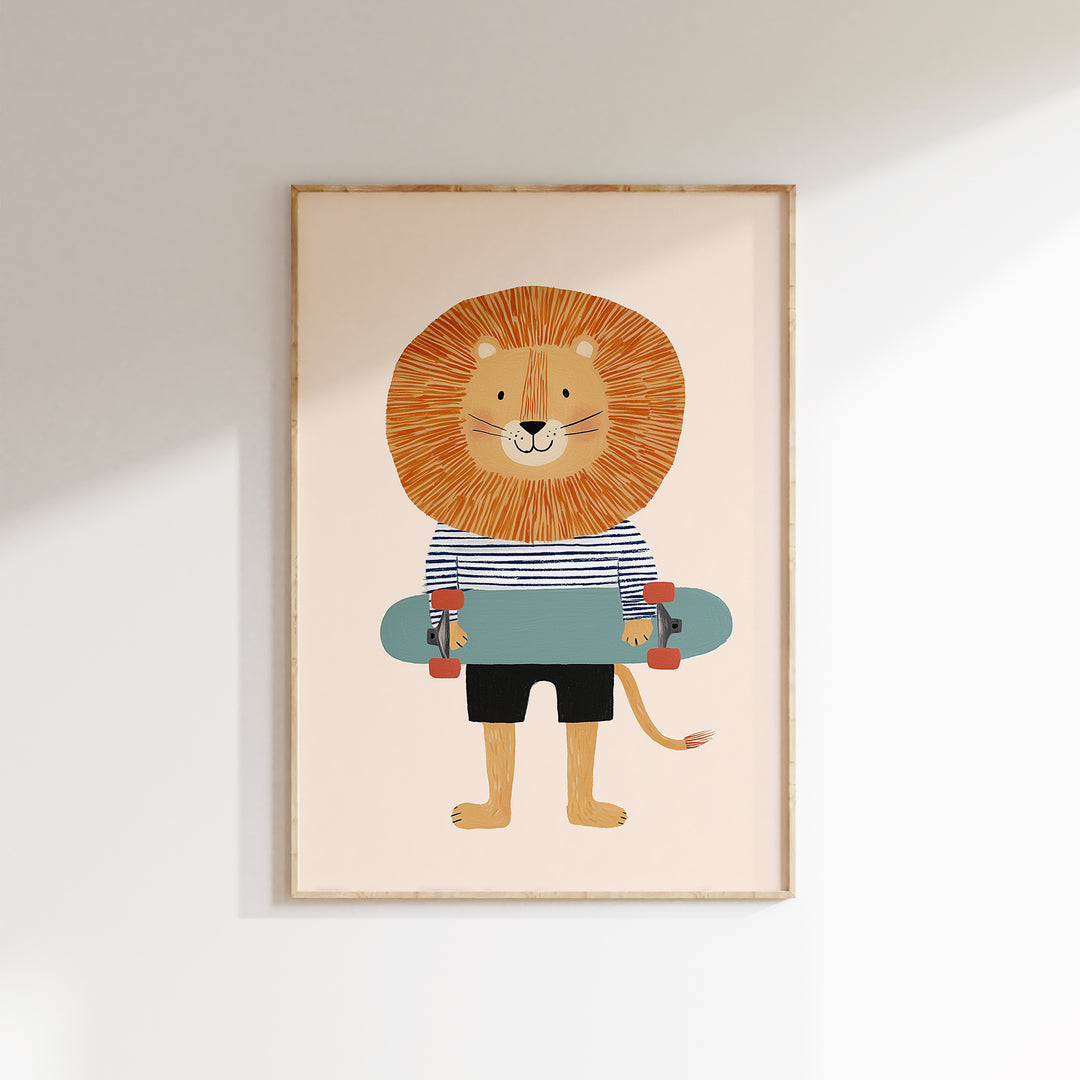 Lion on Skateboard Print | Cool Safari Animal Nursery Wall Art
