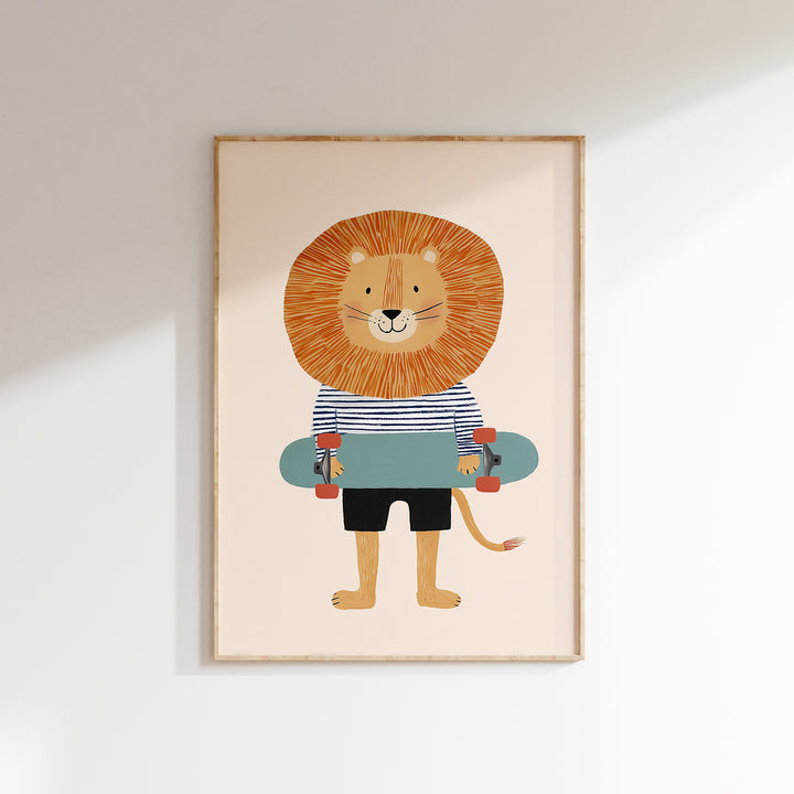 Lion on Skateboard Print | Cool Safari Animal Nursery Wall Art