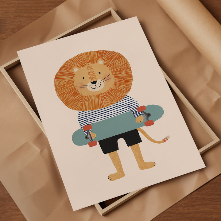 Lion on Skateboard Print | Cool Safari Animal Nursery Wall Art