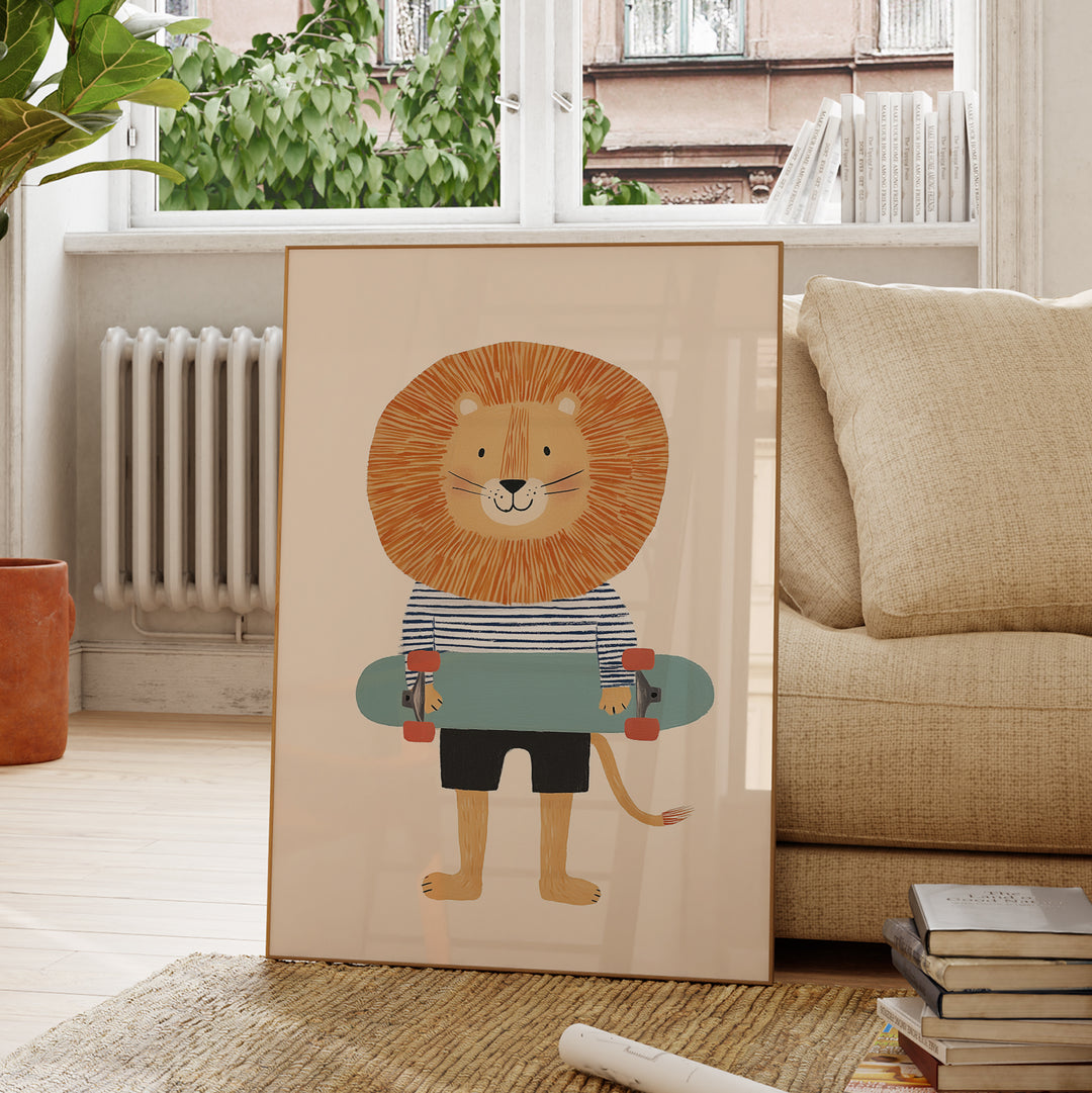 Lion on Skateboard Print | Cool Safari Animal Nursery Wall Art