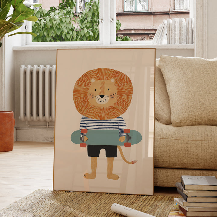 Lion on Skateboard Print | Cool Safari Animal Nursery Wall Art
