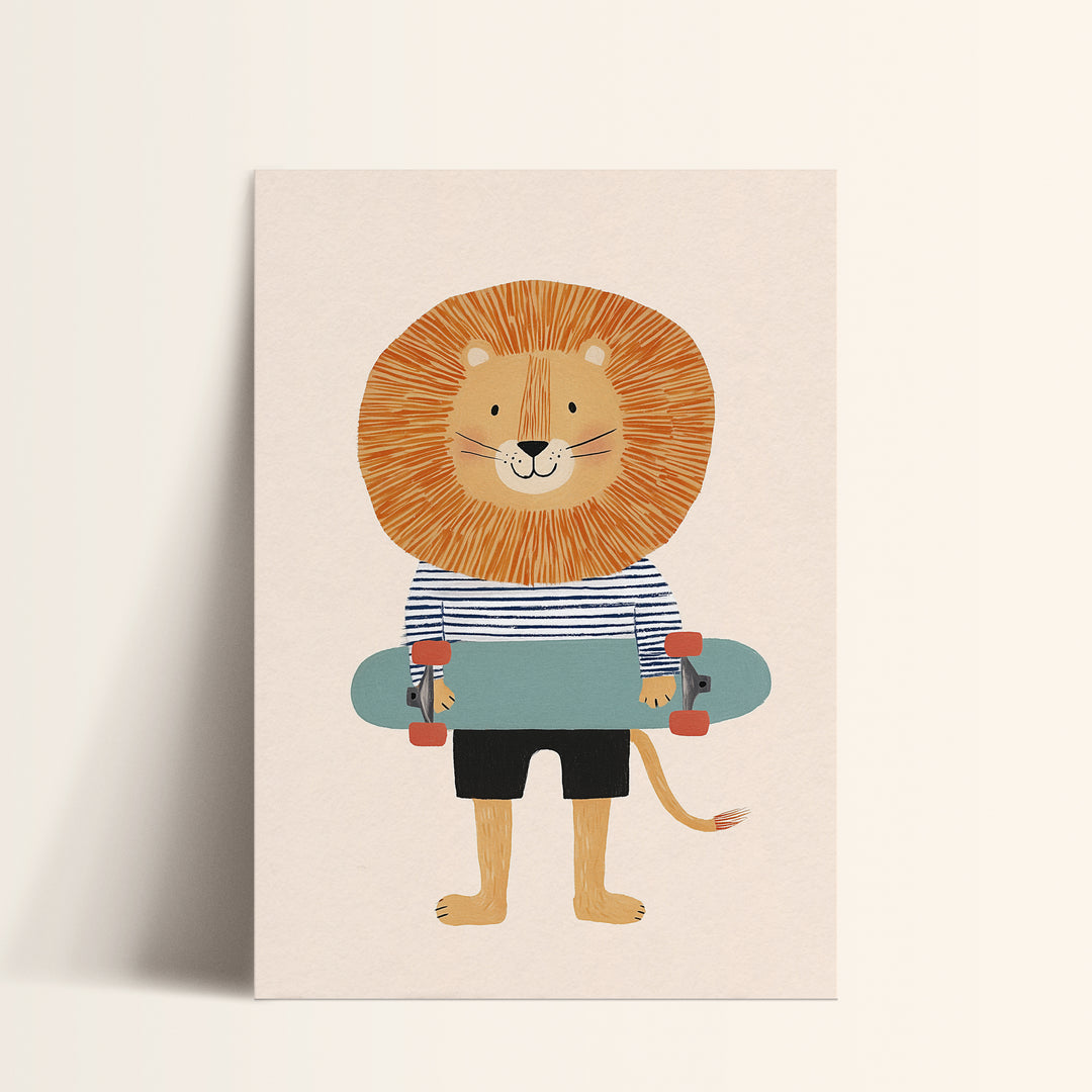 Lion on Skateboard Print | Cool Safari Animal Nursery Wall Art