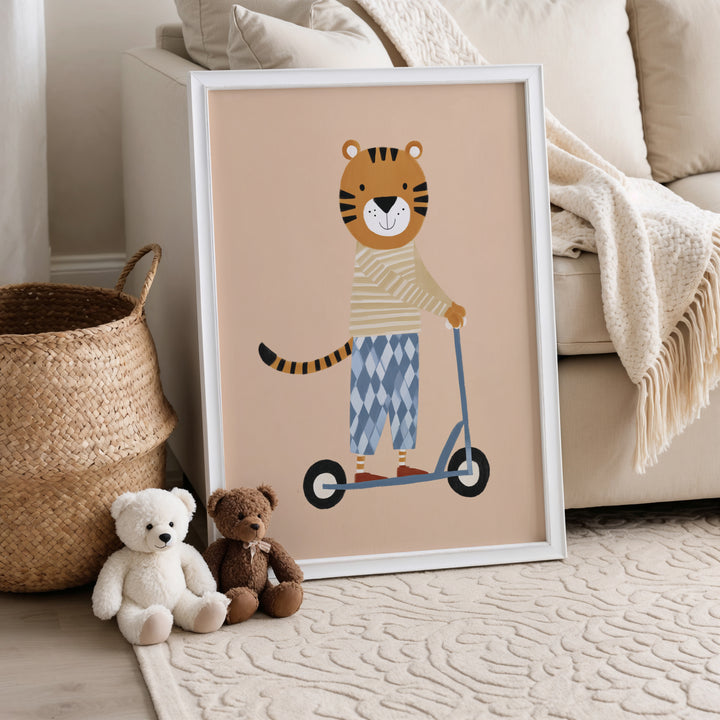 Tiger on Scooter Print | Playful Safari Animal Nursery Art
