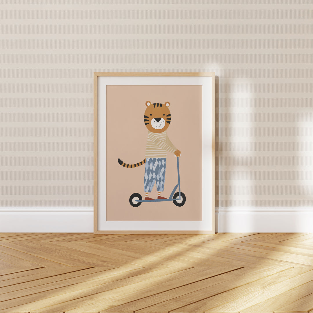 Tiger on Scooter Print | Playful Safari Animal Nursery Art