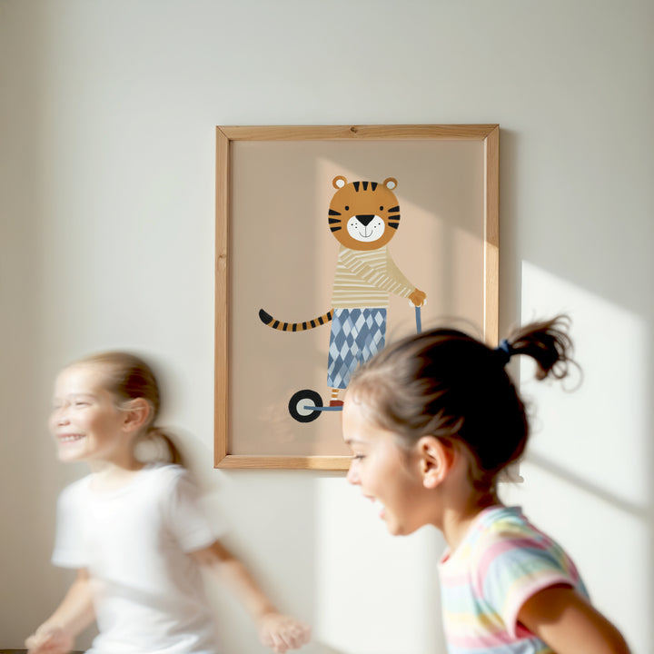 Tiger on Scooter Print | Playful Safari Animal Nursery Art