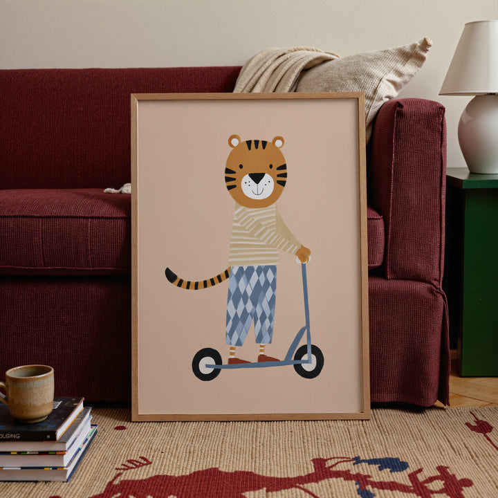 Tiger on Scooter Print | Playful Safari Animal Nursery Art