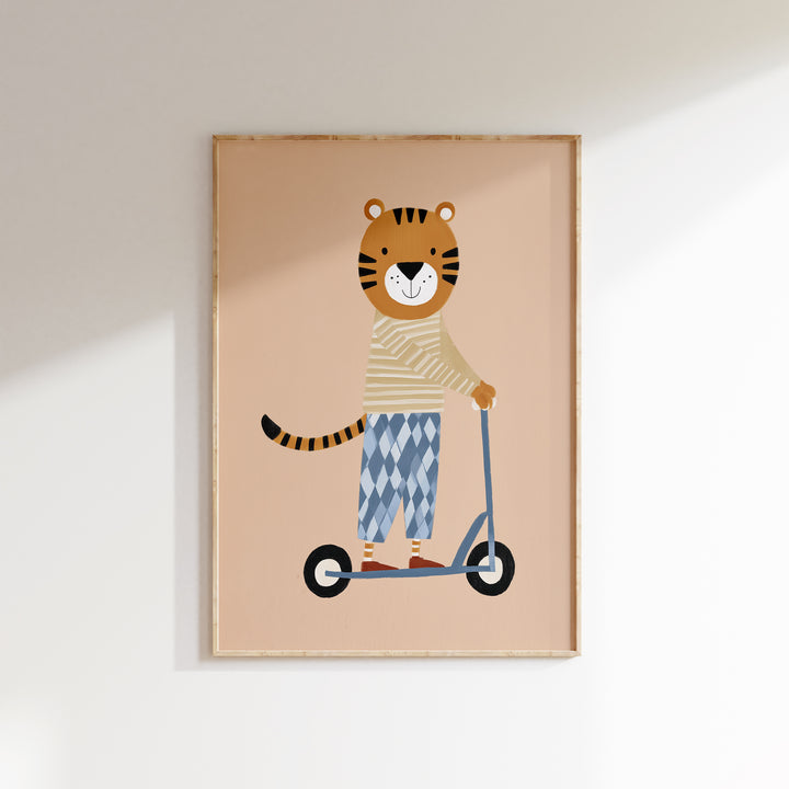 Tiger on Scooter Print | Playful Safari Animal Nursery Art