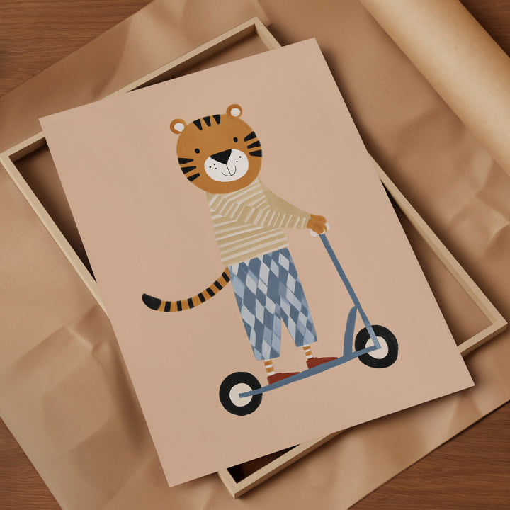 Tiger on Scooter Print | Playful Safari Animal Nursery Art