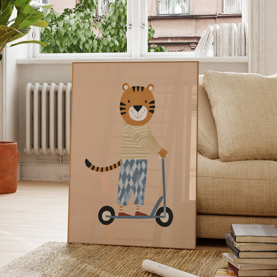 Tiger on Scooter Print | Playful Safari Animal Nursery Art