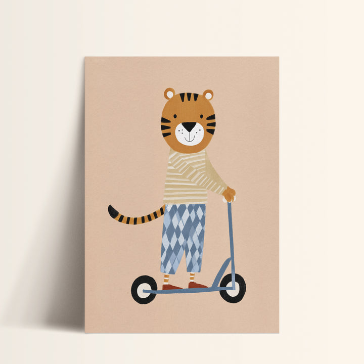 Tiger on Scooter Print | Playful Safari Animal Nursery Art