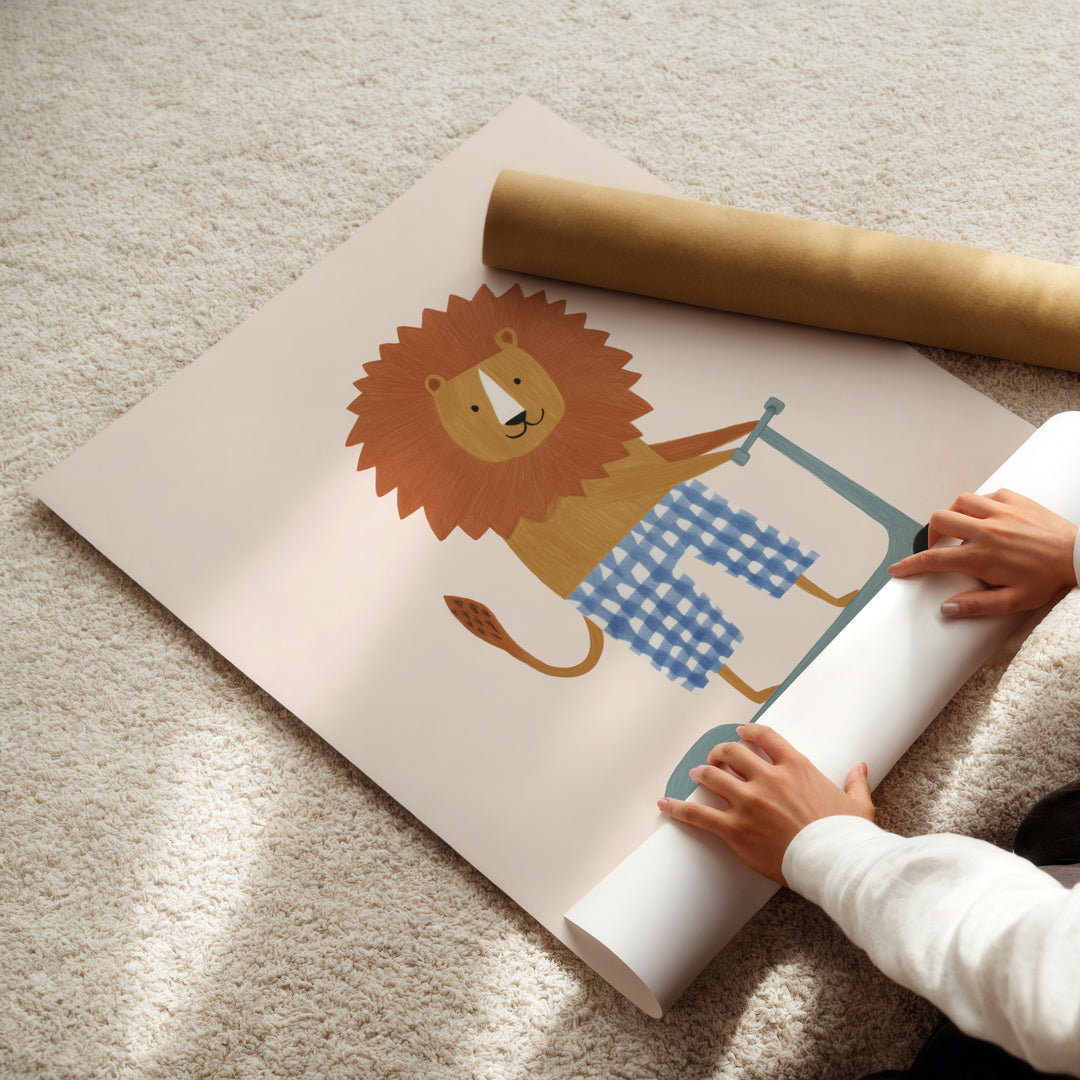 Lion on Scooter Print | Cheerful Safari Animal Kids Room Art