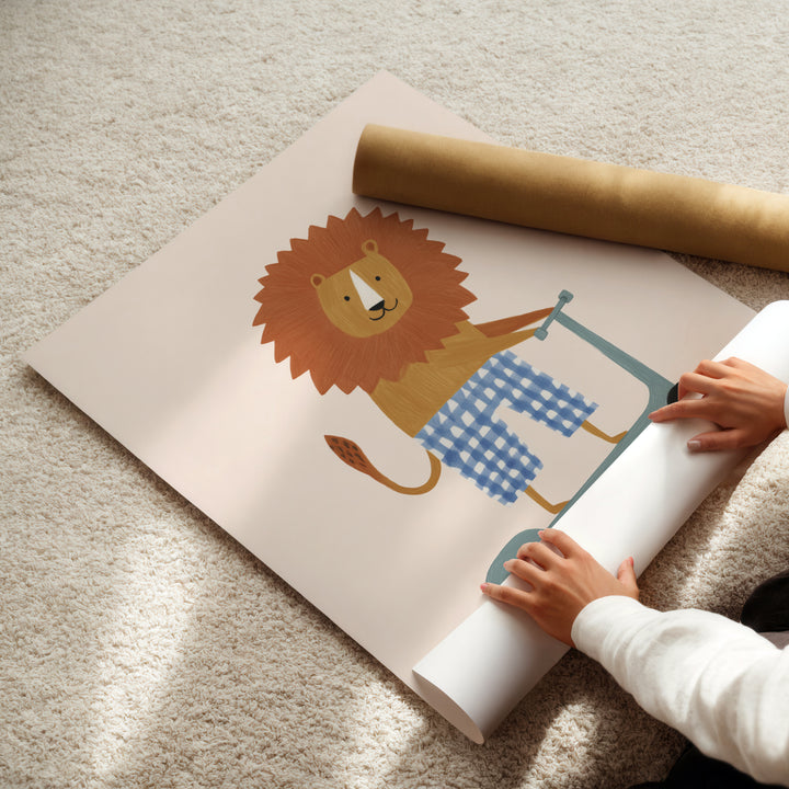 Lion on Scooter Print | Cheerful Safari Animal Kids Room Art