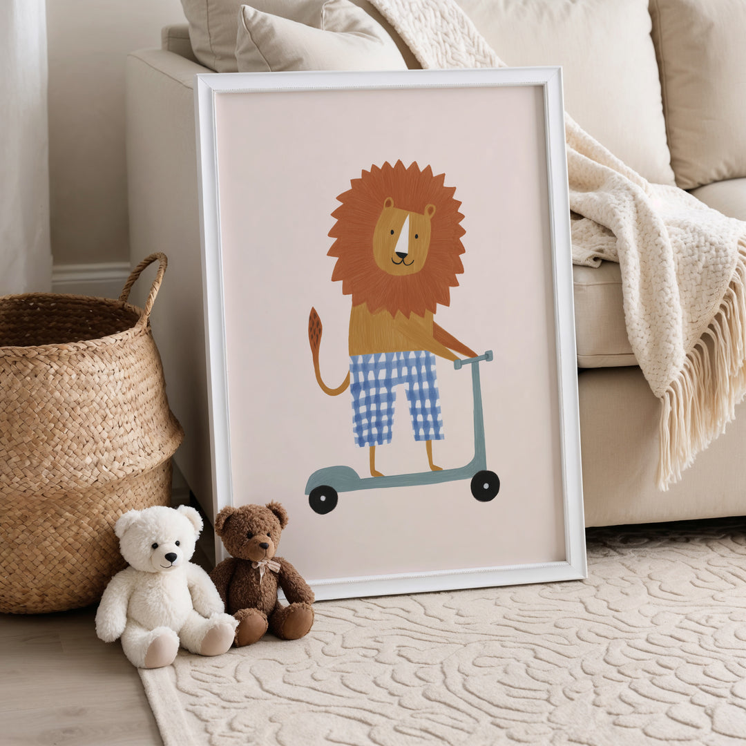 Lion on Scooter Print | Cheerful Safari Animal Kids Room Art