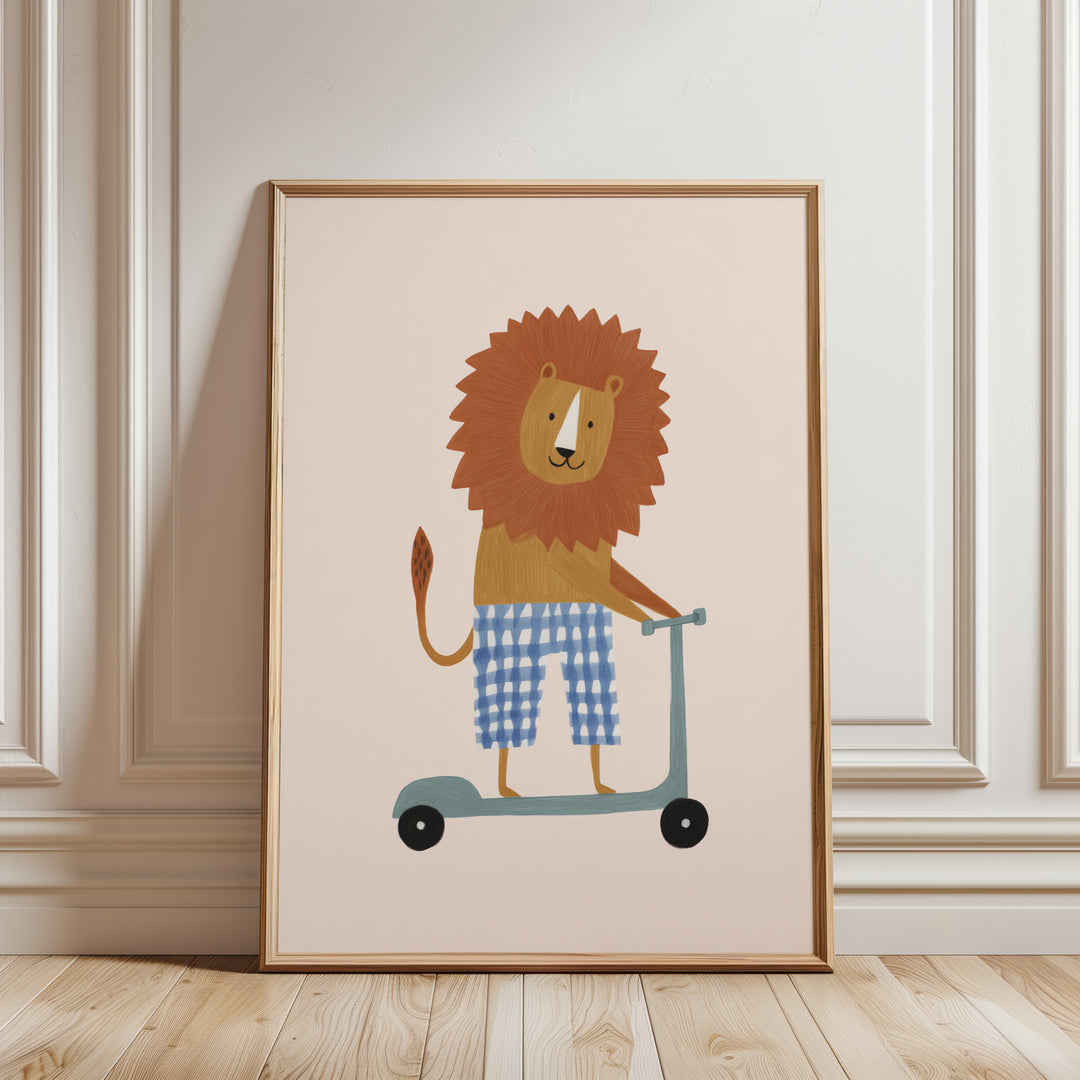Lion on Scooter Print | Cheerful Safari Animal Kids Room Art