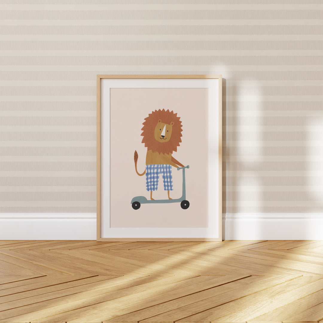 Lion on Scooter Print | Cheerful Safari Animal Kids Room Art