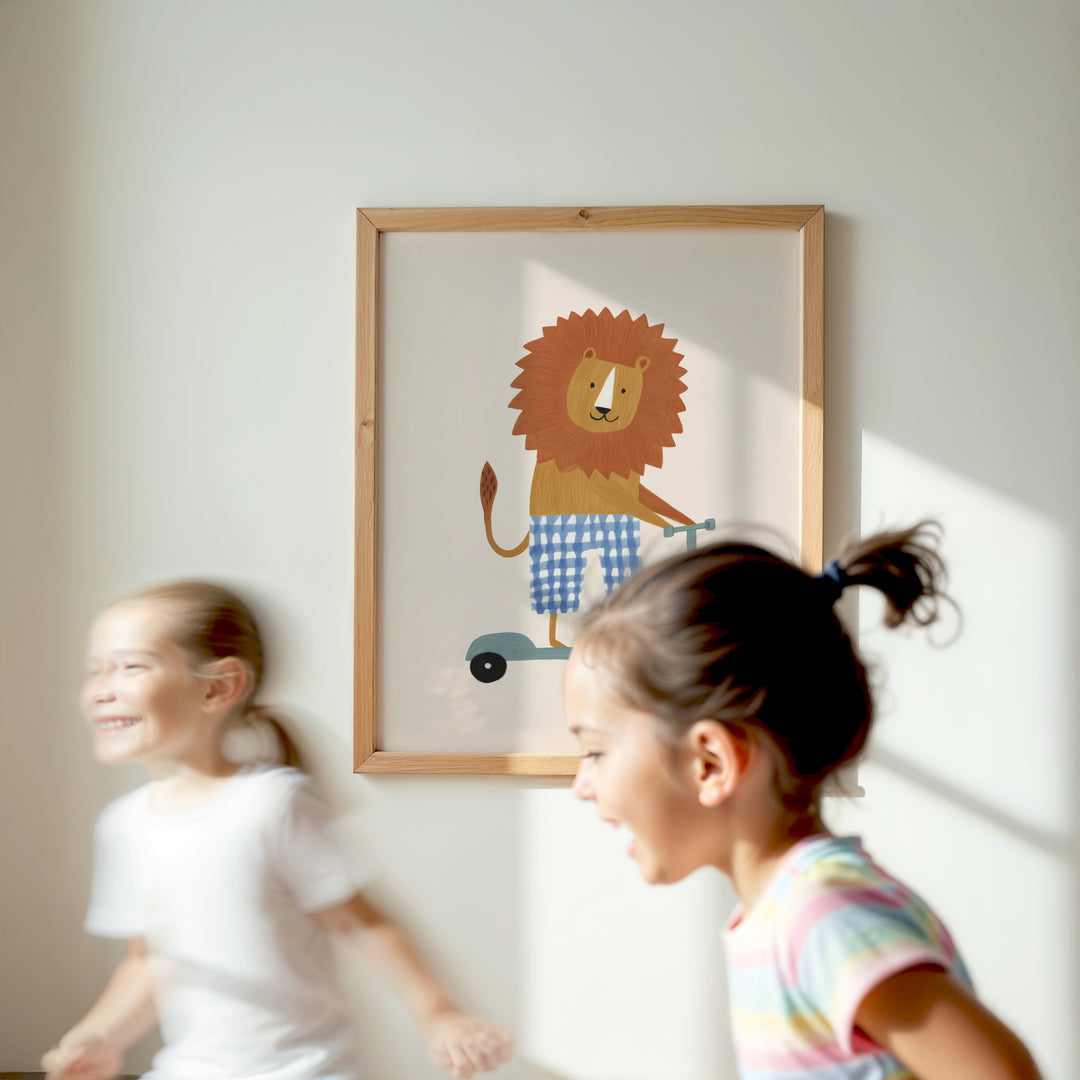 Lion on Scooter Print | Cheerful Safari Animal Kids Room Art