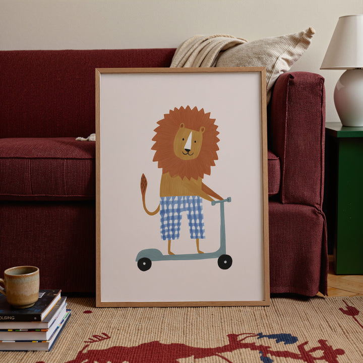 Lion on Scooter Print | Cheerful Safari Animal Kids Room Art