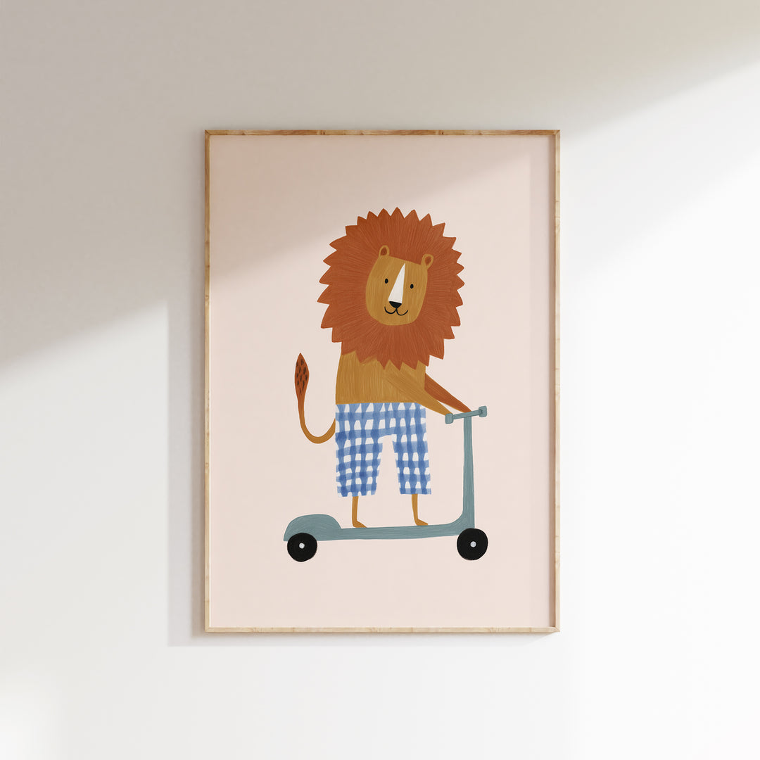 Lion on Scooter Print | Cheerful Safari Animal Kids Room Art