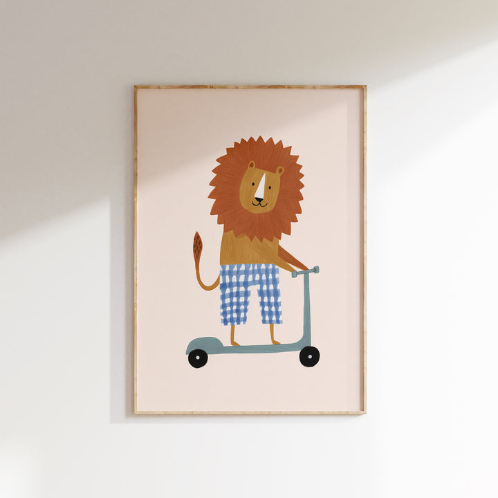 Lion on Scooter Print | Cheerful Safari Animal Kids Room Art