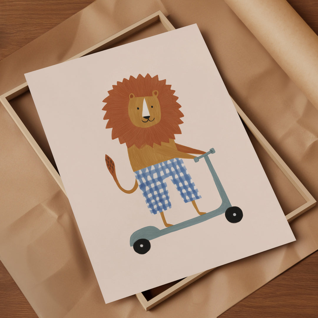 Lion on Scooter Print | Cheerful Safari Animal Kids Room Art