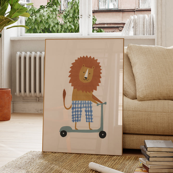 Lion on Scooter Print | Cheerful Safari Animal Kids Room Art