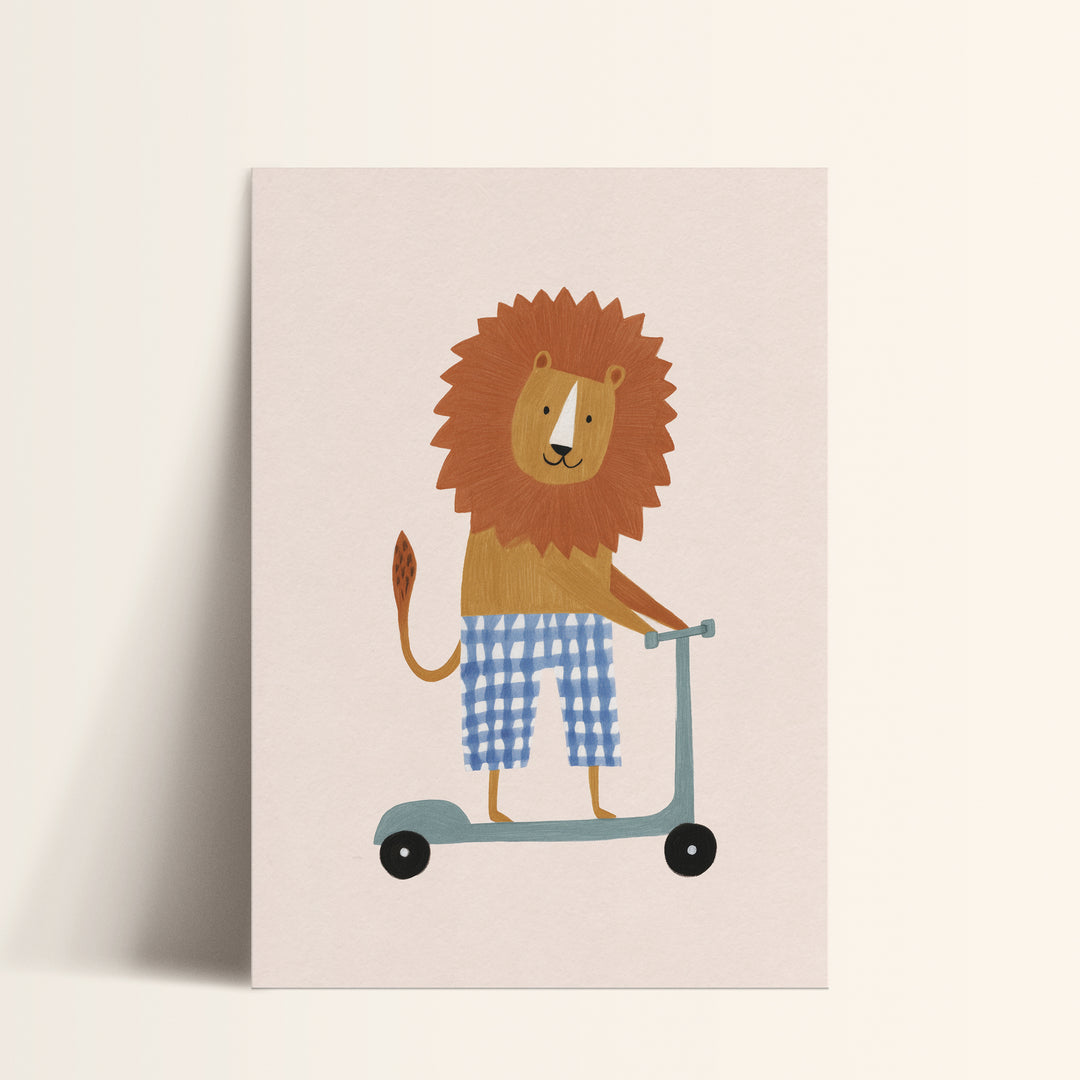 Lion on Scooter Print | Cheerful Safari Animal Kids Room Art