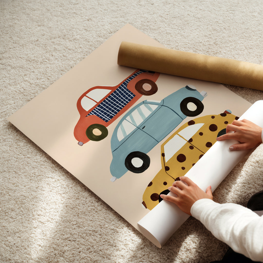 Stacked Cars Print | Colorful Vehicle Nursery Wall Art for Boys